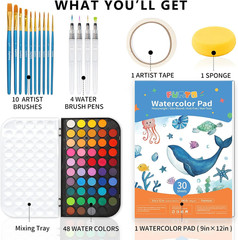 Funto Watercolor Set, 48 Color Paint Set, 10 Brushes, 30 Page Pad(9″X12″), 4 Ref