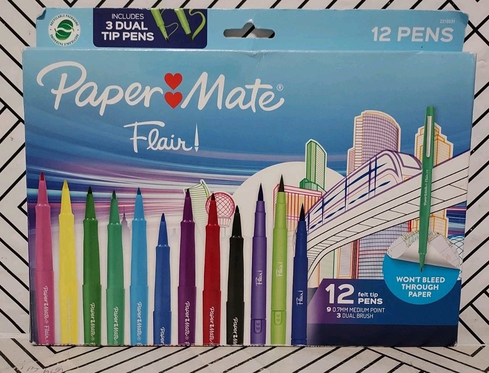 🥥 Paper Mate Flair 12 Felt Tip Pens 9 Medium Point 0.7mm, 3 Dual Brush🆕️AS IS