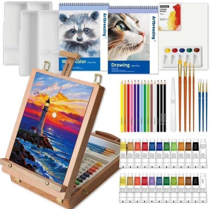 55-Piece Mixed Media Art Set with Sketch Box Easel & Painting Accessories
