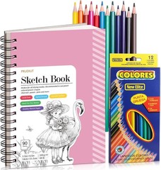 Sketch Book with 12 Color Pencil Set, 90 Sheets Spiral Sketchbook for Drawing