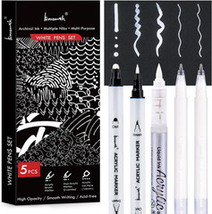 White Pens Set, 5 Pack, 1Mm White Gel Pens, Dual-Tip Acrylic Paint Pen, Brush Ti