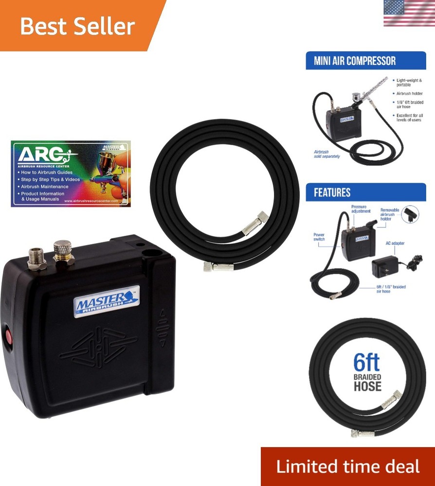 Master Model C16-B Black Airbrush Compressor – 30 dB Quiet Operation, 6ft Hose
