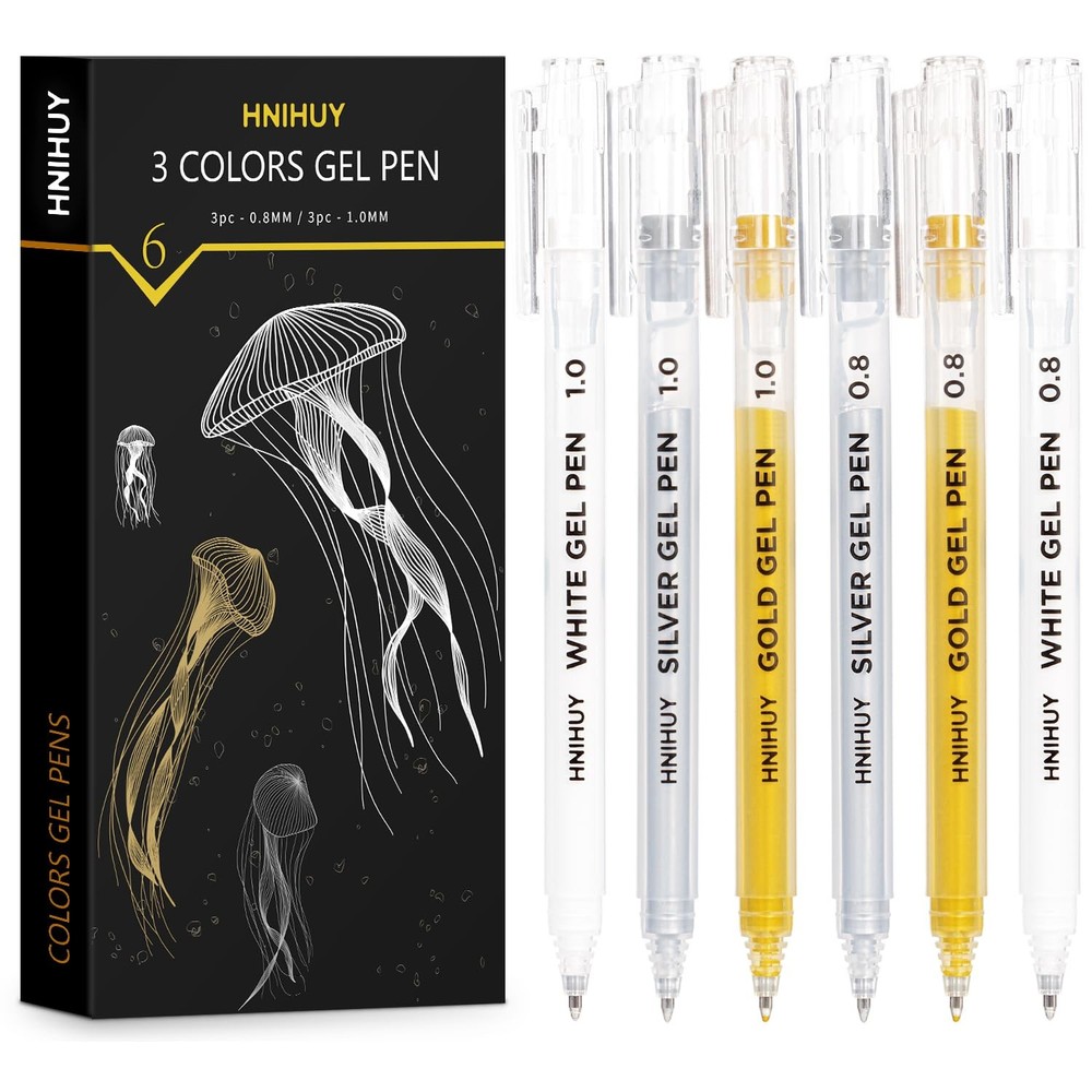 HNIHUY Gold Silver White Gel Pens 1 mm, 0.8 mm Extra Fine Point Opaque Archiv…