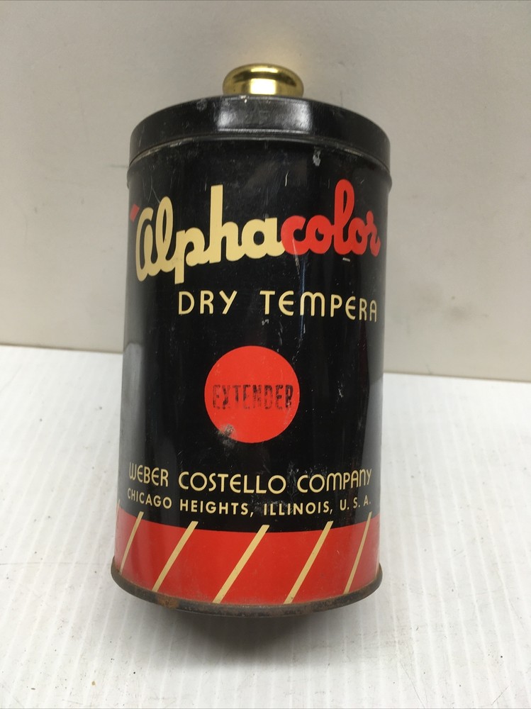 Vintage Alphacolor dry tempera powder Extender Full Can black lid