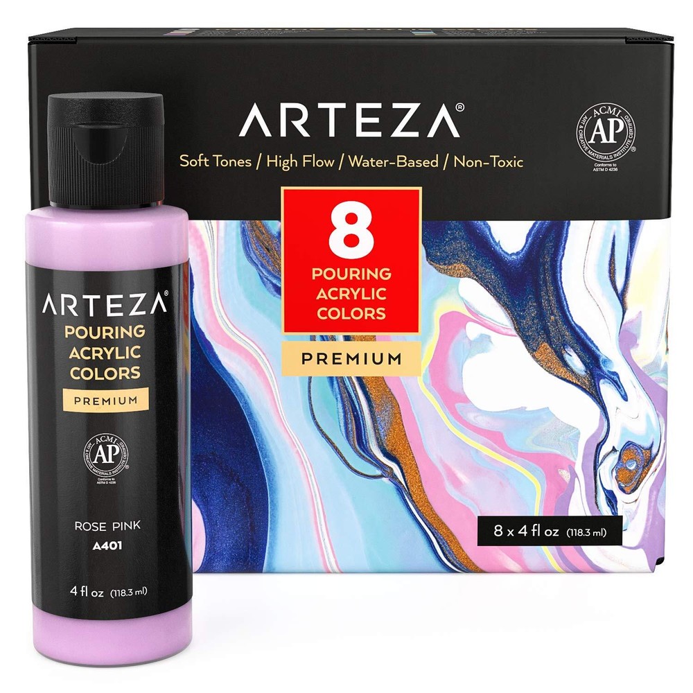 Arteza Pouring Acrylic Paint | Pastels | 4oz Bottles – Set of 8