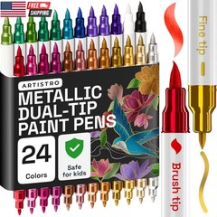 24 Metallic Acrylic Paint Markers – Paint Pens for Drawing, Brush + Fine Tips –