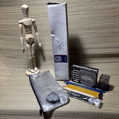 Drawing Class Art Supplies, Zippered Portfolio, Manikin, Charcoal, Pencils, GOOD
