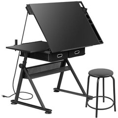 Drawing Drafting Table Stage Platform Adjustable Height W/ Stool Outlet Black
