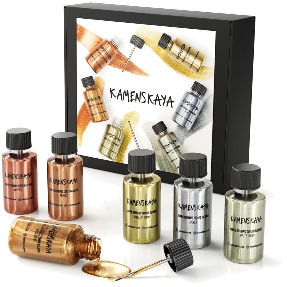 Liquid Leaf Paint Set – English Gold, Silver, Bronze – 6 pcs