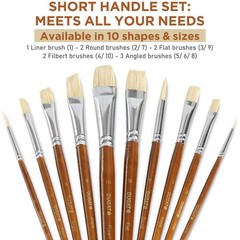 10pcs Short Handle White Hog Hair Artist Paint Brush Set by Medium, Brown
