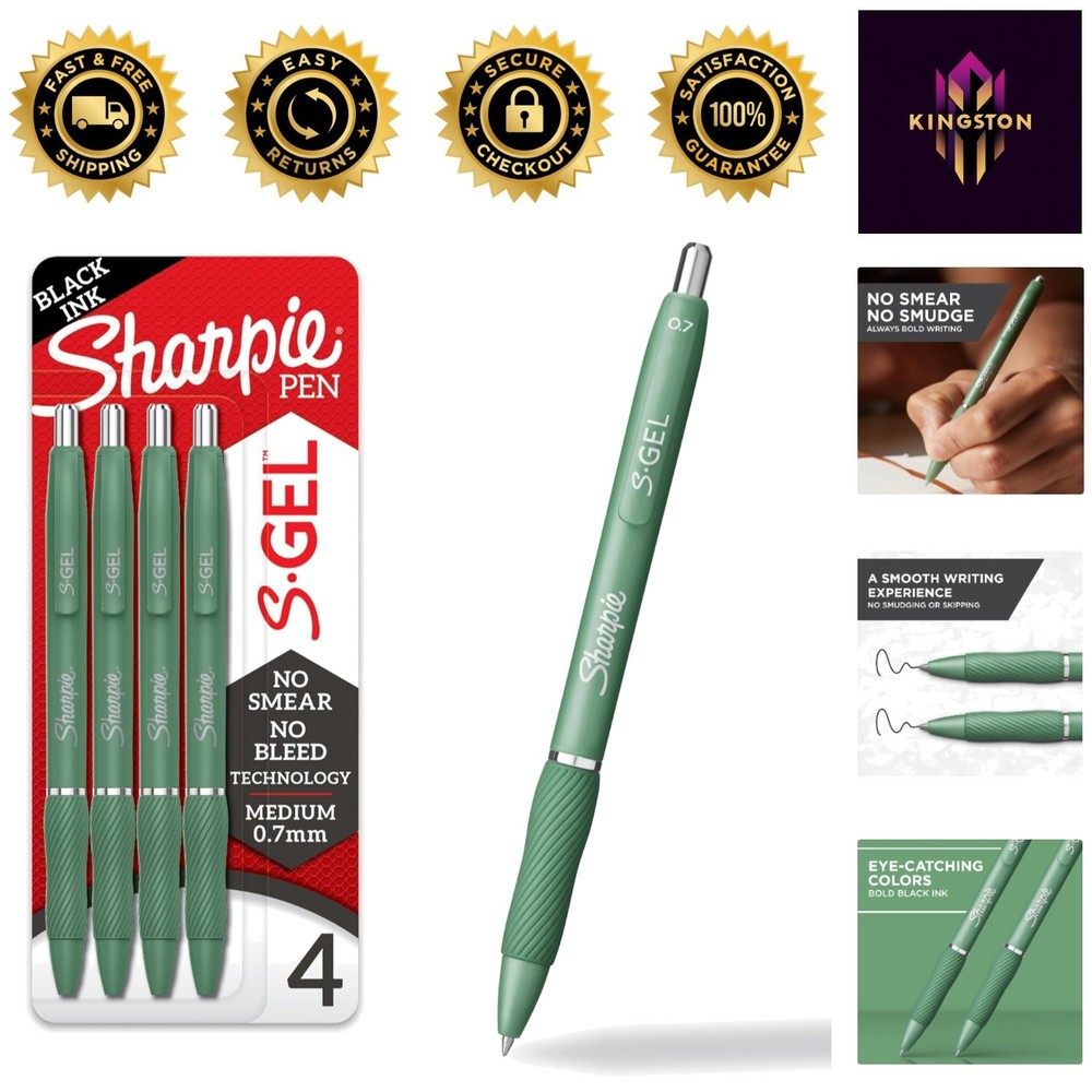 High-Performance S-Gel Pens Set: 4 Green-Barrel Black Ink, 0.7mm Medium