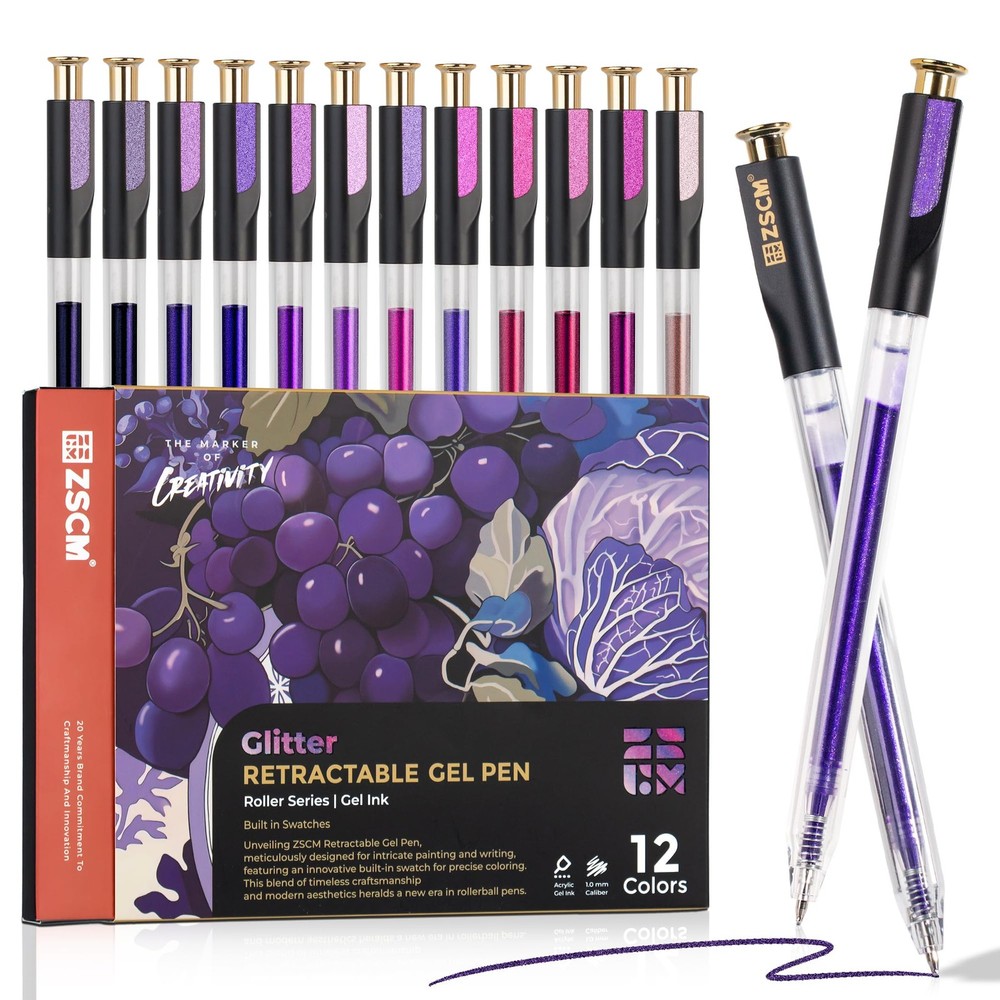 Retractable Glitter Gel Pens, 12 Colors Large Capacity Purple Glitter Metalli…
