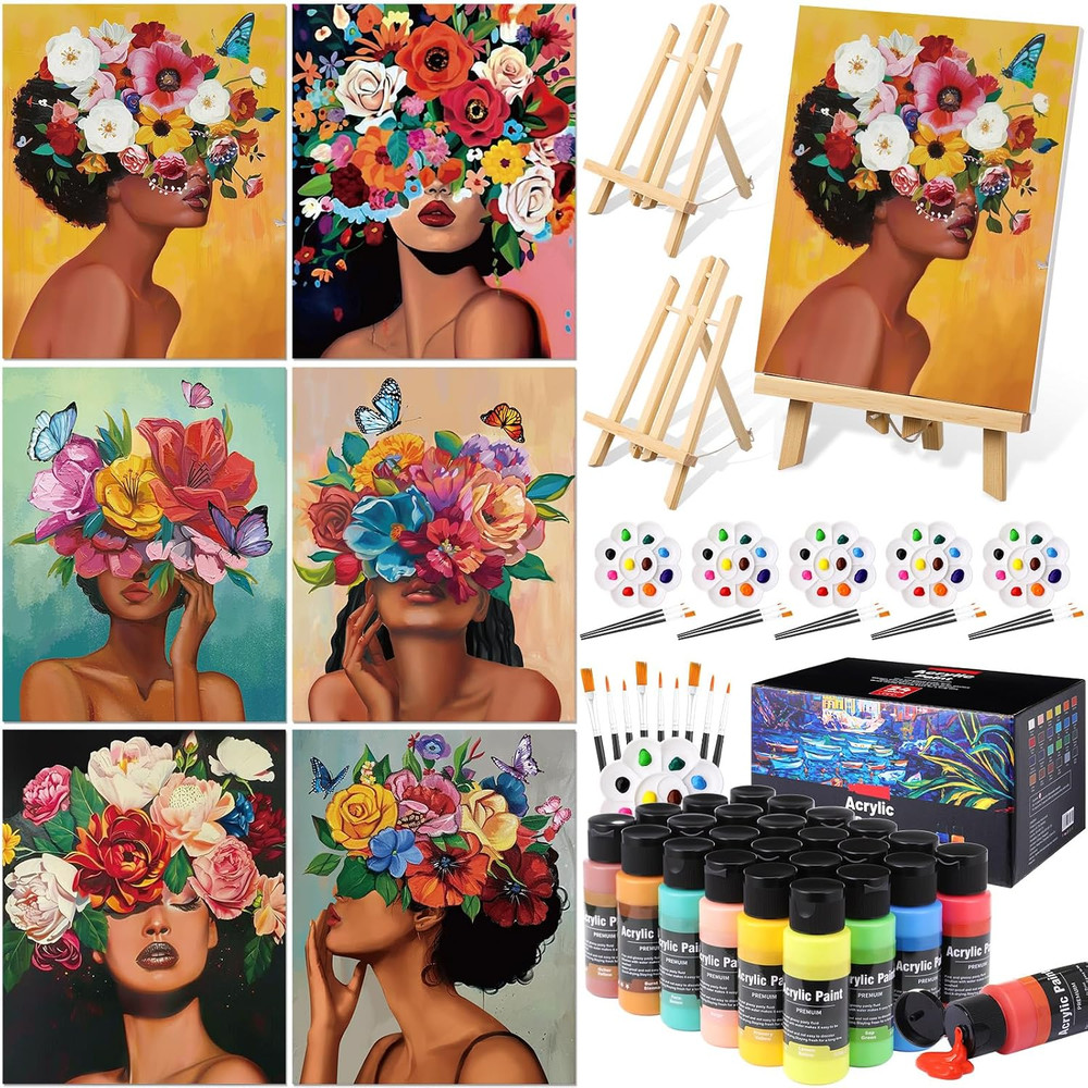 62 Pcs 6 Set Paint and Sip Kit for Adults 8″X10″ Pre Drawn Canvas with 24 Colors