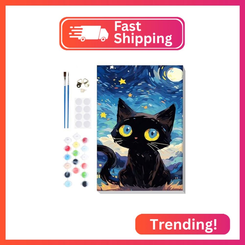 Bowetile Starry Night Cat Paint by Numbers for Adults Beginners Framed, Easy Adu