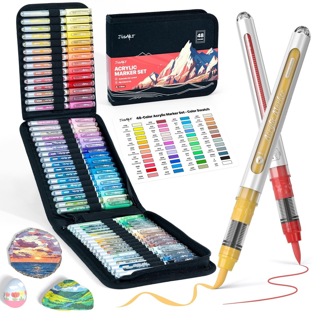 48 Colors Acrylic Paint Markers with Canvas Bag, Water-Based No-Bleed Paint P…