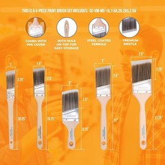 Professional 5-Pk Angle Paint Brushes – 1-2.5 Inch for Interior & Exterior Use