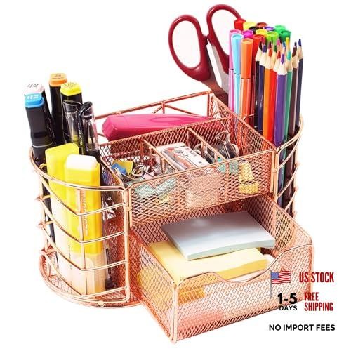 Desk Organizer, Pen Holder for Desk, Metal Pencil Caddy Storage for Rose Gold