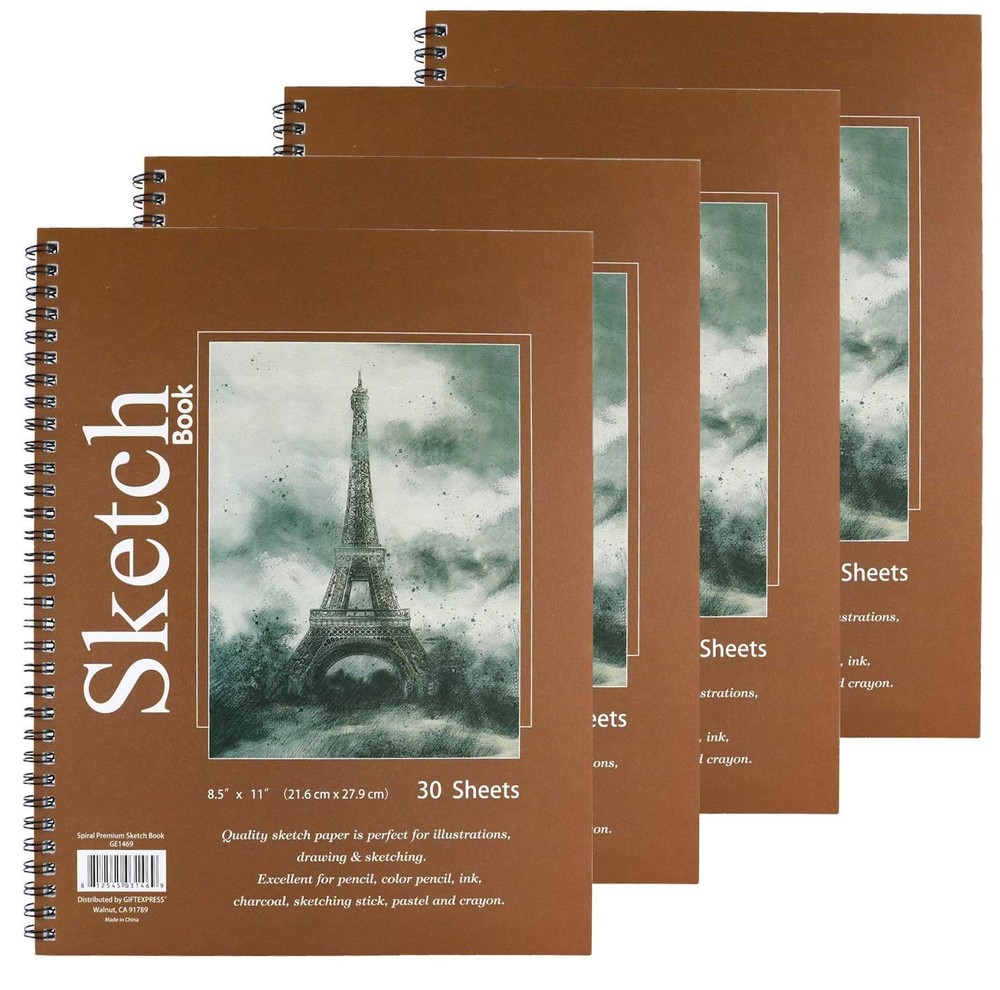 GIFTEXPRESS Bound Spiral Premium Sketch Book 4 Pack – 8.5″ x 11″, White