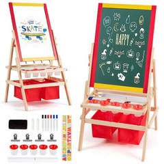 Flip-Over Double-Sided Kids Art Easel with Paper Roll Storage Bins & Accessories