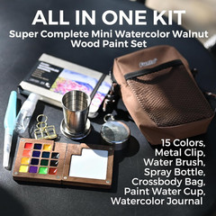 Mini Watercolor Paint Set, All-In-One Walnut Wood 15-Color Premium Pocket Travel