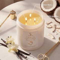 Vanilla Coconut Large Scented Candle, 3-Wick 22oz Long 22oz, Light Gray