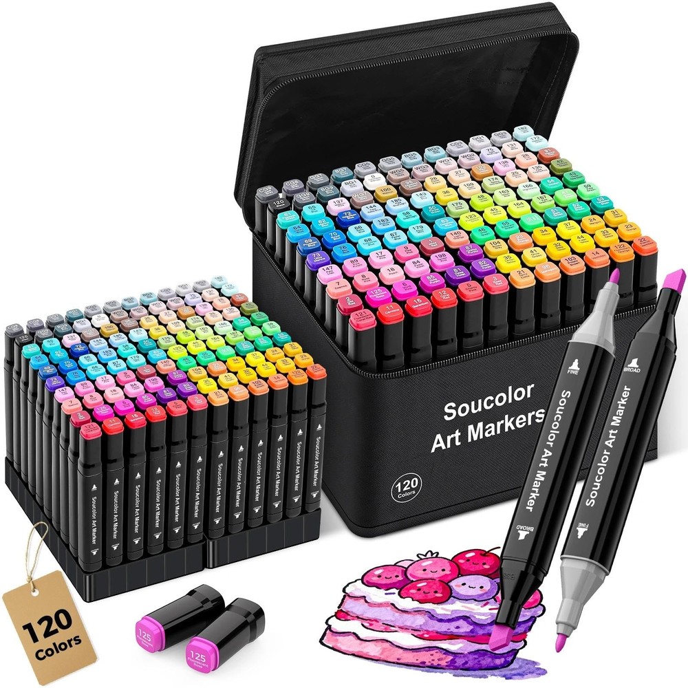 Alcohol Markers 120 Colors with Case & Holders, Dual Tips Chisel & Fine Art M…