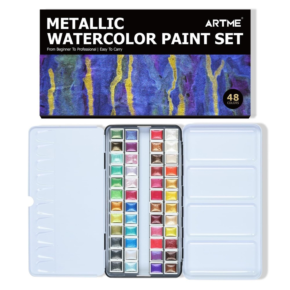 Metallic Watercolor Paint Set – 48 Glitter Colors in Metal Case with Palette