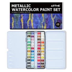 Metallic Watercolor Paint Set – 48 Glitter Colors in Metal Case with Palette
