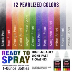 U.S. Art Supply 12 Color 1oz Pearlescent AIRBRUSH Paint Set w Cleaner & Thinner