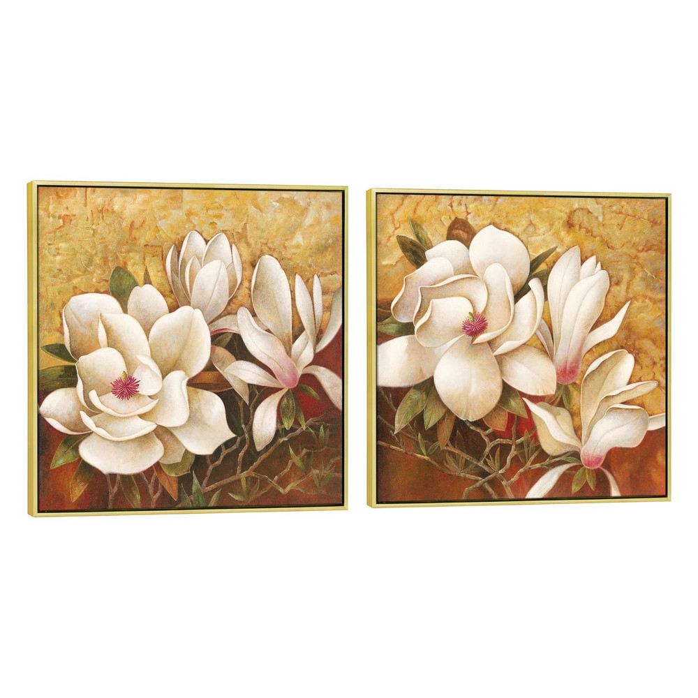 Pyradecor Large Gold Framed Canvas Wall Art Magnolia Flowers 2 Panels Floral …