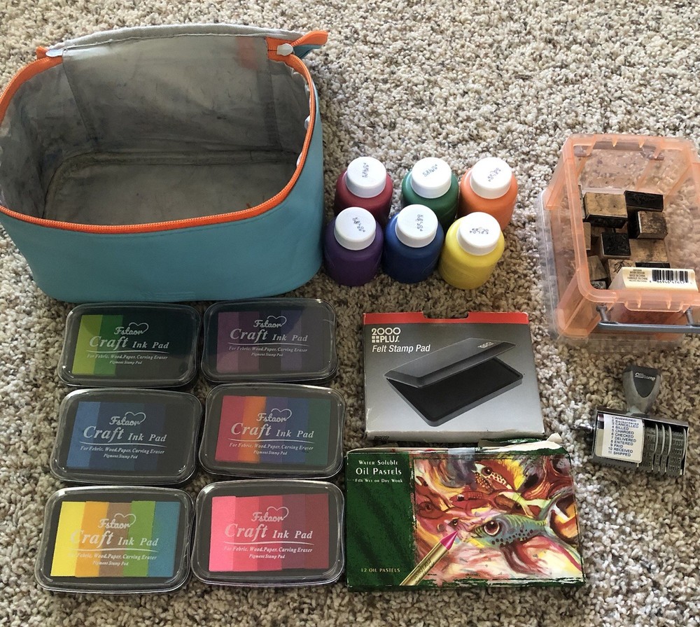 Art Supply Lot- Oil Pastels, Stamps, Felt Pad, Paints, Ink Pads, Case & More