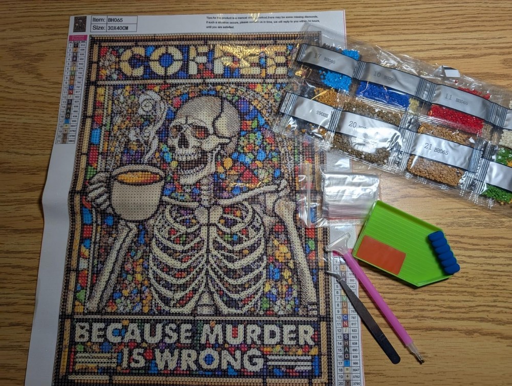 Coffee Because Murder Is Wrong 5D Diamond Drill Dot Gem Art Kit Skeleton Colorfu