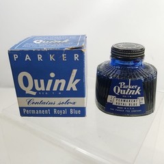 Vtg Parker Quink Ink Near Full Bottle & Box WWII Deco Bottle Perm Royal Blue