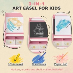 3-in-1 Art Easel for Kids, Double-Sided Kids Easel with Paper Roll, Pink