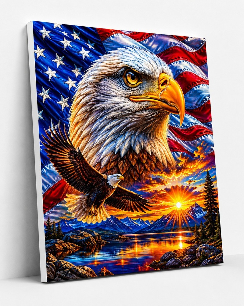 Canvas 11×14 Eagle And American Flag-1 Gallery Style Ready To Hang. Patriotic
