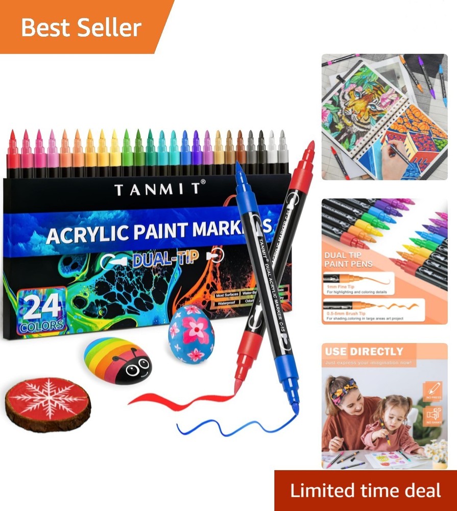 24 Colors Dual Tip Acrylic Paint Markers, Paint Pens Set with Brush Tip and F…