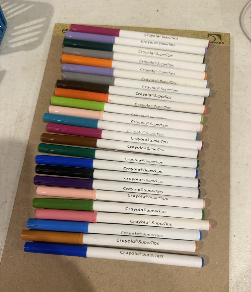 24 Crayola SuperTips Markers Lot, Assorted Colored w/ White Barrels (tested)