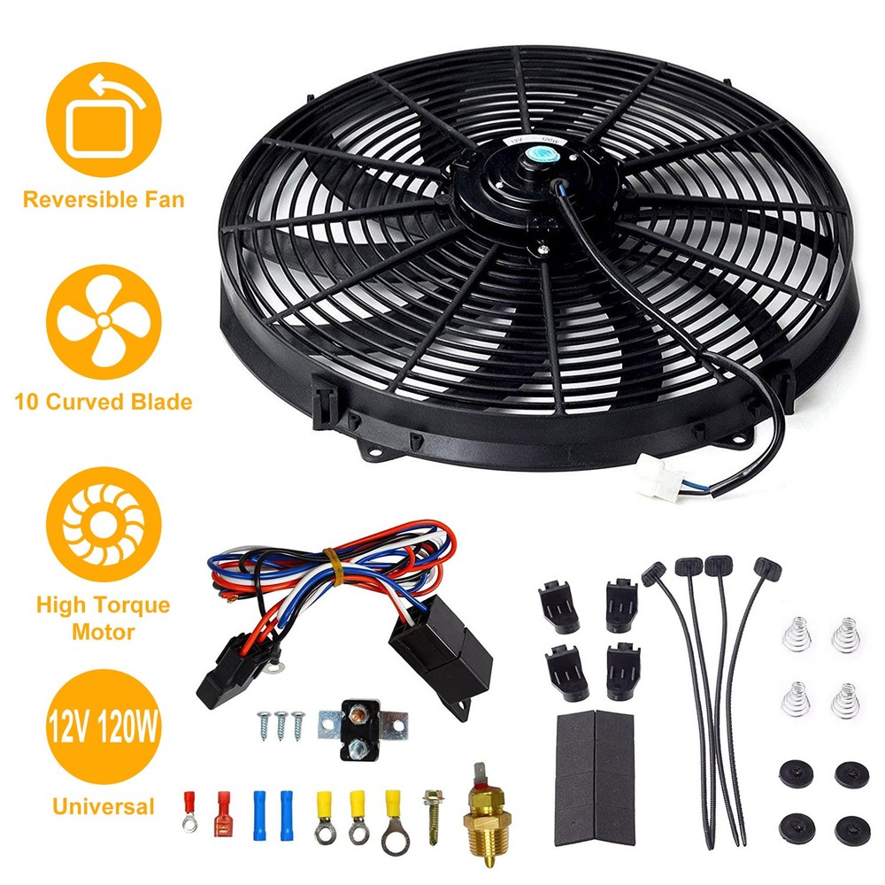 16 Inch Electric Radiator Cooling Fan 12V 120W 10 Blades Car Thermostat Kit w…