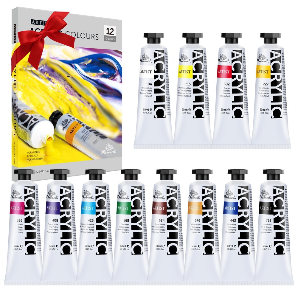 Heavy Body Acrylic Thick Art Paint Slow Drying Speed 2 Oz Tubes 12 PCS