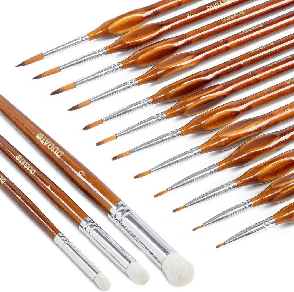 DUGATO Miniature Detail Paint Brush Set 15pcs, Micro Dark Brown