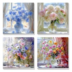 4 Pack Paint by Numbers for Adults with Wooden Framed, Wildflowers pink-flower