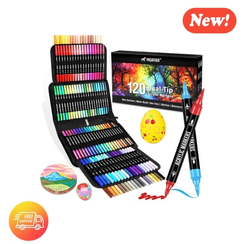 New 120 Acrylic Paint Markers, Dual Tip Pens with 24 Metallic Colors