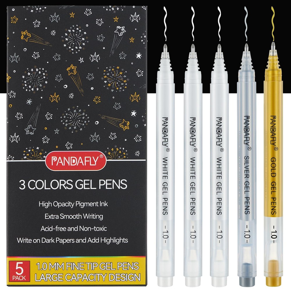 PANDAFLY Gold Silver White Gel Pens, 1mm Extra Fine Point White Pen for Art H…