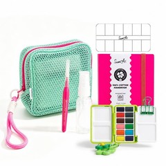 Mini Watercolor Paint Set Portable Kit 12 Colors Pocket Mesh Bag Sketchbook
