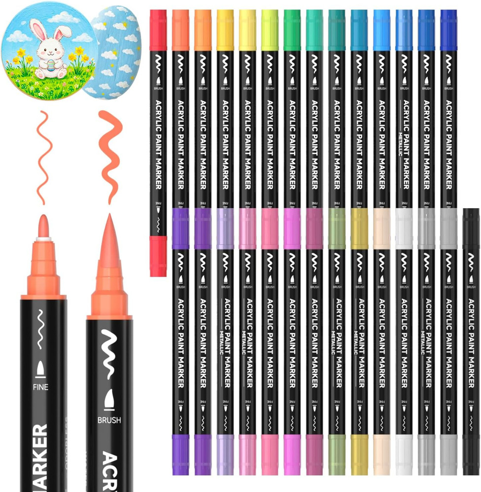28 Colors Dual Tip Acrylic Paint Markers, Brush Tip and Fine Tip Acrylic Paint P