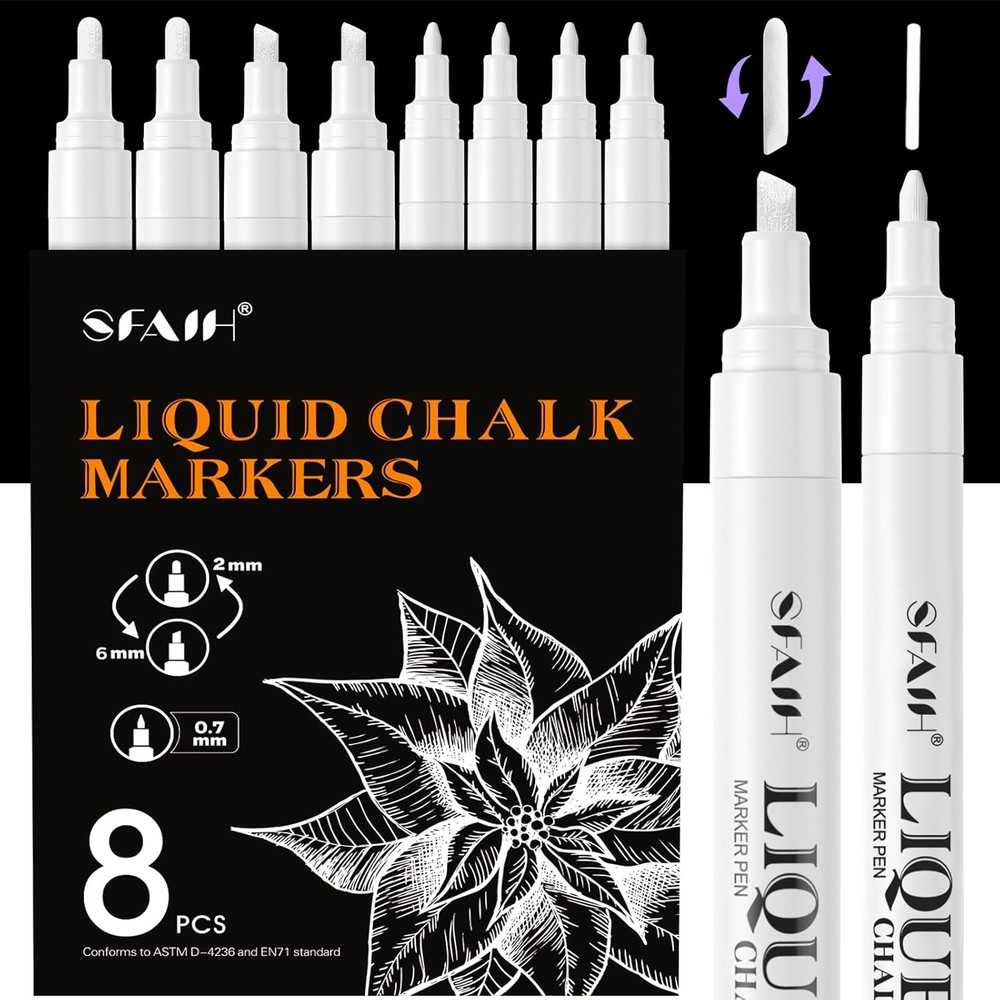 White Liquid Chalk Markers for Blackboard, Glass – [Wet Wipe No Residue] 8 Pack-