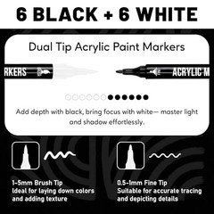 Black and White Acrylic Paint Markers, 12 Pack Dual Tip with white and black