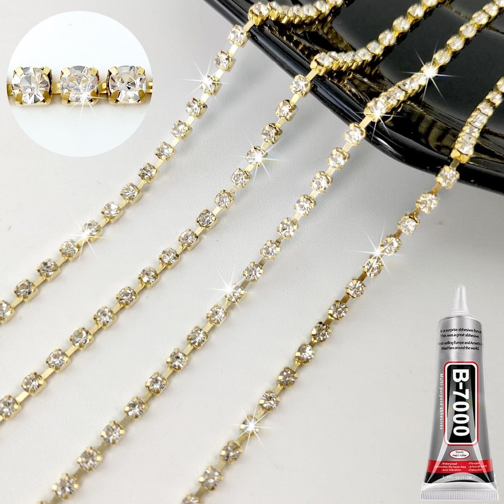 Rhinestone Trim with B7000 Glue, 1 Row 8 Yards Gold Rhinestone Fringe for Cra…
