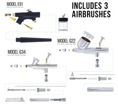 Sistema Airbrush con 3 Aerógrafos, Manguera y Soporte para Pintura.NUEVO