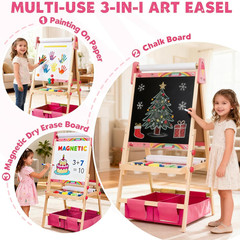 Art Easel for Kids with 3 Paper Roll, Magnetic Whiteboard and Chalkboard,Adjusta